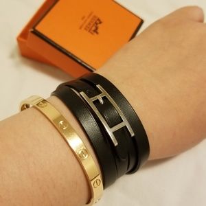 Hermes Wrap Black Leather Bracelet Size Medium